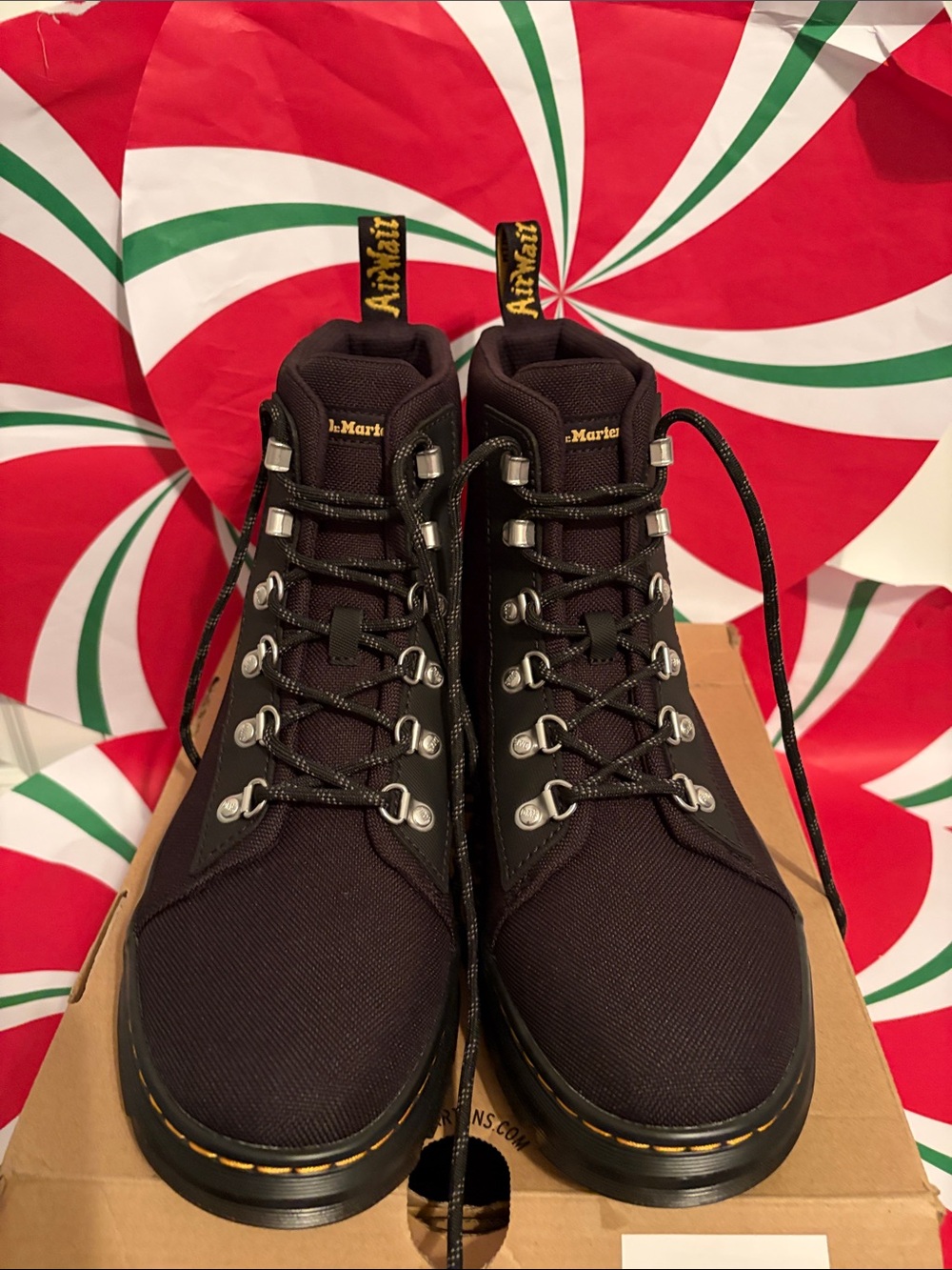 Dr. Martens Black Nylon Hiker Boots with Yellow Stitching